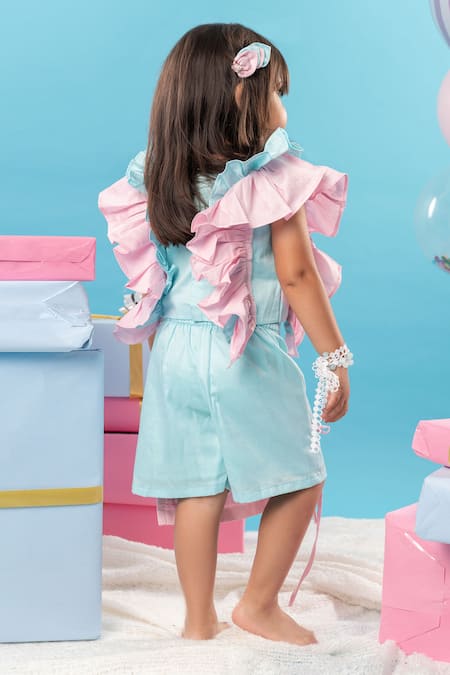 Shop Kirti Agarwal - Pret N Couture Blue Cotton Satin, Linen Bows Frill Sleeves Top With Skort at Aza Fashions Shop_Kirti Agarwal - Pret N Couture_Blue Cotton Satin, Linen Bows Frill Sleeves Top With Skort _at_Aza_Fashions