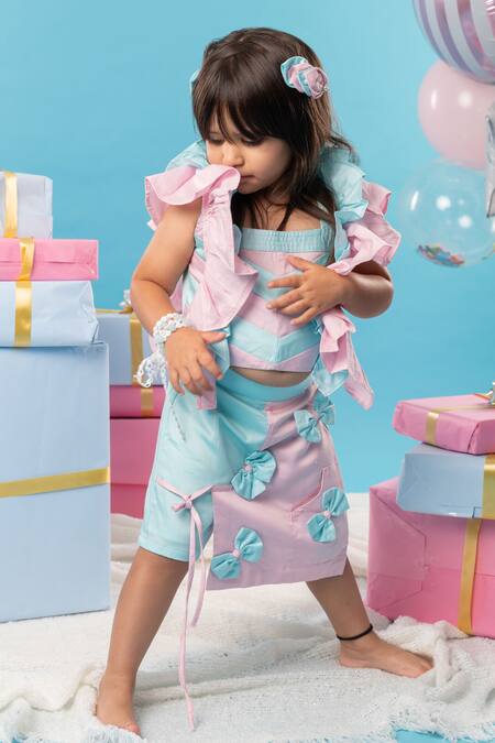 Buy Kirti Agarwal - Pret N Couture Blue Cotton Satin, Linen Bows Frill Sleeves Top With Skort Online at Aza Fashions Buy_Kirti Agarwal - Pret N Couture_Blue Cotton Satin, Linen Bows Frill Sleeves Top With Skort _Online_at_Aza_Fashions