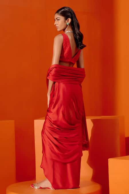 Devnaagri Pre-Draped Saree With Embroidered Blouse 