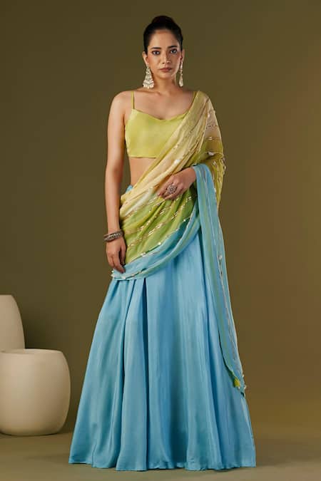 Beige Turquoise Net Lehenga Saree CH7112A – Ethnic's By Anvi Creations