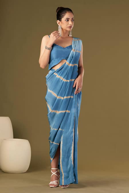 Affroz Blue Viscose Pearls Sweetheart Neck Tie Dye Pre-draped Saree With Blouse at Aza Fashions Affroz_Blue Viscose Pearls Sweetheart Neck Tie Dye Pre-draped Saree With Blouse_at_Aza_Fashions