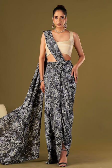 AFFROZ Paisley Print Pre-Draped Saree With Blouse 