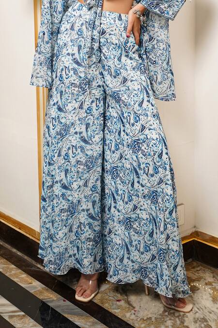 Buy Ahi Clothing White Georgette Mirrors, Embroidery V-neck, Handwork Printed Kimono Palazzo Set Buy_Ahi Clothing_White Georgette Mirrors, Embroidery V-neck, Handwork Printed Kimono Palazzo Set