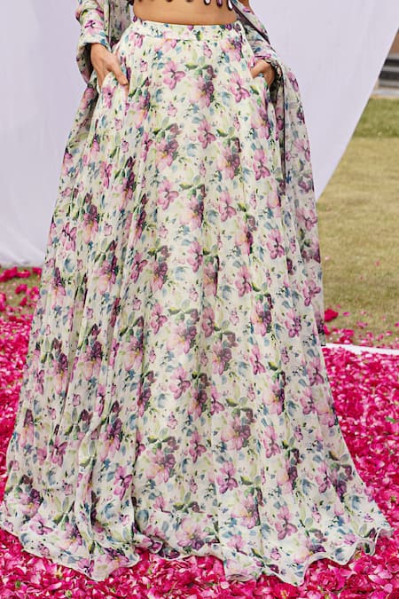 Buy_Ahi Clothing_Purple Velvet, Organza, Hemp Mirrors, Tassels, Floral Print Lehenga Bustier Set 