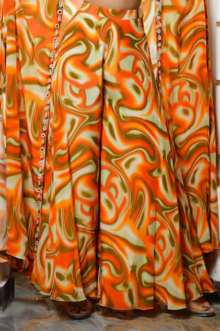 Buy Ahi Clothing Orange Crepe Mirrors, Zari Sweetheart Neck Abstract Printed Cape Palazzo Set Buy_Ahi Clothing_Orange Crepe Mirrors, Zari Sweetheart Neck Abstract Printed Cape Palazzo Set