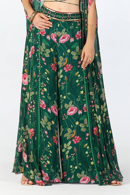 Limerick By Abirr N' Nanki Green Georgette Printed Floral V Neck Cape And Crop Top Pant Set at Aza Fashions Limerick By Abirr N' Nanki_Green Georgette Printed Floral V Neck Cape And Crop Top Pant Set _at_Aza_Fashions