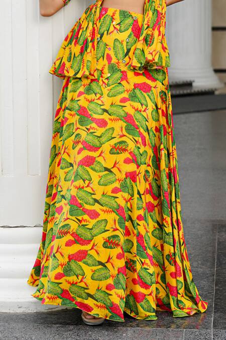 Buy Ahi Clothing Yellow Crepe Mirrors, Zari Sweetheart Floral Print Peplum Blouse And Lehenga Set Buy_Ahi Clothing_Yellow Crepe Mirrors, Zari Sweetheart Floral Print Peplum Blouse And Lehenga Set