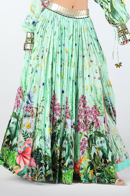 Limerick By Abirr N' Nanki_Blue Crepe Printed Floral Off Myra Blouse And Slit Lehenga Set  _at_Aza_Fashions