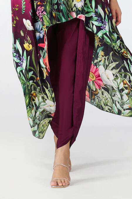 Limerick By Abirr N' Nanki Pink Crepe Printed Floral V Neck Moet Tunic And Draped Dhoti Pant Set at Aza Fashions Limerick By Abirr N' Nanki_Pink Crepe Printed Floral V Neck Moet Tunic And Draped Dhoti Pant Set _at_Aza_Fashions