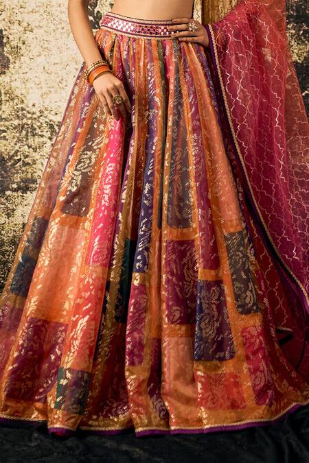 Cedar & Pine Multi Color Organza Sequins, Foil Printing Floral Block Lehenga Blouse Set at Aza Fashions Cedar & Pine_Multi Color Organza Sequins, Foil Printing Floral Block Lehenga Blouse Set_at_Aza_Fashions