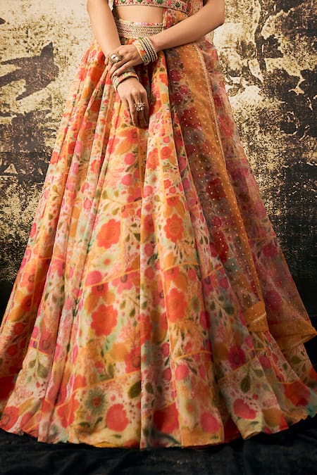 Shop Cedar & Pine Multi Color Organza Beads Off-shoulder Floral Bloom Print Lehenga Blouse Set Online at Aza Fashions Shop_Cedar & Pine_Multi Color Organza Beads Off-shoulder Floral Bloom Print Lehenga Blouse Set _Online_at_Aza_Fashions