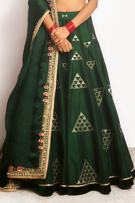 Shop Cedar & Pine Green Silk Sequins, Mirrors, Pearls, Embroidery Prism Work Lehenga Blouse Set Online at Aza Fashions Shop_Cedar & Pine_Green Silk Sequins, Mirrors, Pearls, Embroidery Prism Work Lehenga Blouse Set _Online_at_Aza_Fashions