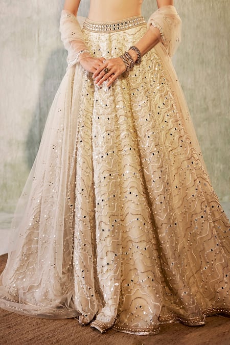 Shop Cedar & Pine Ivory Velvet, Organza, Tulle Pearls, Sequins, Waves Work Lehenga Blouse Set Online at Aza Fashions Shop_Cedar & Pine_Ivory Velvet, Organza, Tulle Pearls, Sequins, Waves Work Lehenga Blouse Set _Online_at_Aza_Fashions