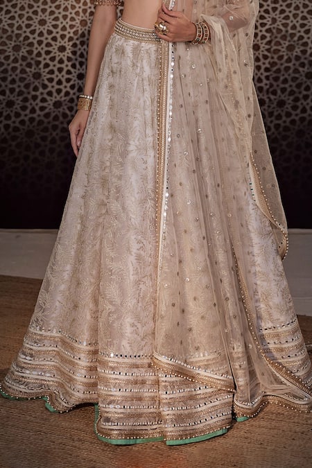 Cedar & Pine_Ivory Organza Pearls, Sequins, Zari Square Leaves Embroidered Bridal Lehenga Set _at_Aza_Fashions