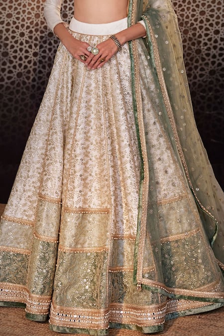 Cedar & Pine_Ivory Silk, Chiffon Sequins, Embroidery Round Neck Floral Jaal Lehenga Set _at_Aza_Fashions