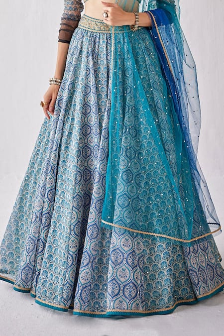 Cedar & Pine Blue Organza Sequins Off-shoulder Floral Mughal Print Lehenga Set at Aza Fashions Cedar & Pine_Blue Organza Sequins Off-shoulder Floral Mughal Print Lehenga Set _at_Aza_Fashions