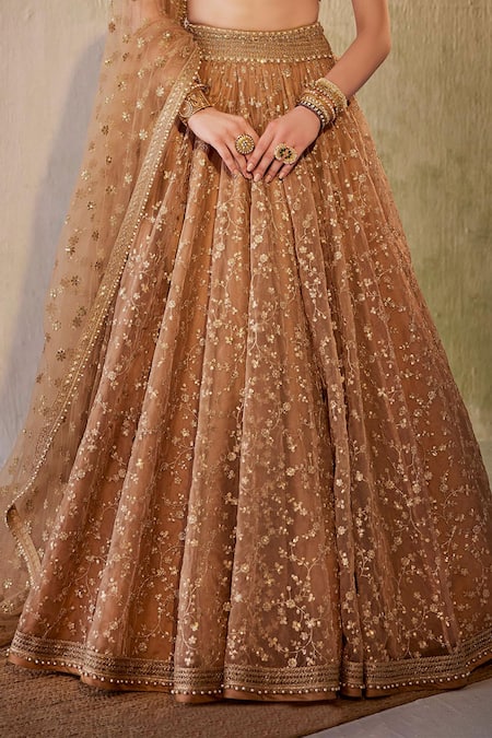 Shop Cedar & Pine Gold Organza Sequins, Embroidery Sweetheart Neck Floral Vine Lehenga Set Online at Aza Fashions Shop_Cedar & Pine_Gold Organza Sequins, Embroidery Sweetheart Neck Floral Vine Lehenga Set _Online_at_Aza_Fashions