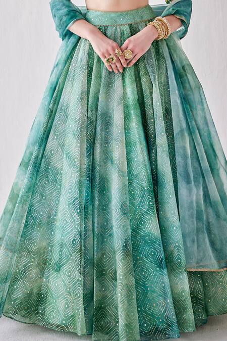 Shop Cedar & Pine Green Organza Sequins, Embroidery V-neck Abstract Print Lehenga Set Online at Aza Fashions Shop_Cedar & Pine_Green Organza Sequins, Embroidery V-neck Abstract Print Lehenga Set _Online_at_Aza_Fashions