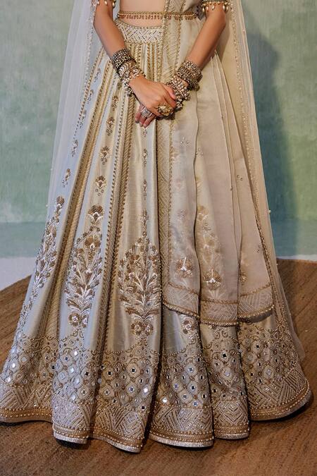 Shop Cedar & Pine Grey Silk Pearls, Sequins, Embroidery Plunge Neck Embellished Bridal Lehenga Set Online at Aza Fashions Shop_Cedar & Pine_Grey Silk Pearls, Sequins, Embroidery Plunge Neck Embellished Bridal Lehenga Set _Online_at_Aza_Fashions