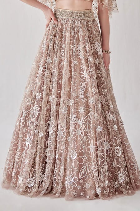 Shop_Cedar & Pine_Beige Tulle Pearls, Sequins, Embroidery V-neck Floral Lehenga Cape Set _Online_at_Aza_Fashions