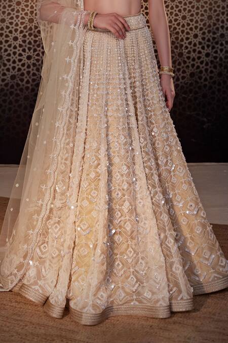 Cedar & Pine Ivory Organza, Tulle Sequins, Pearls V-neck Embroidered Bridal Lehenga Set at Aza Fashions Cedar & Pine_Ivory Organza, Tulle Sequins, Pearls V-neck Embroidered Bridal Lehenga Set _at_Aza_Fashions