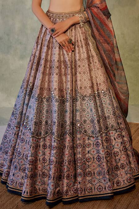 Cedar & Pine Multi Color Organza Mirrors, Embroidery V-neck Ajrakh Print Bridal Lehenga Set at Aza Fashions Cedar & Pine_Multi Color Organza Mirrors, Embroidery V-neck Ajrakh Print Bridal Lehenga Set _at_Aza_Fashions