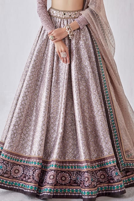 Shop_Cedar & Pine_Grey Organza, Silk Sequins V-neck And Badla Embroidered Bridal Lehenga Set _Online_at_Aza_Fashions