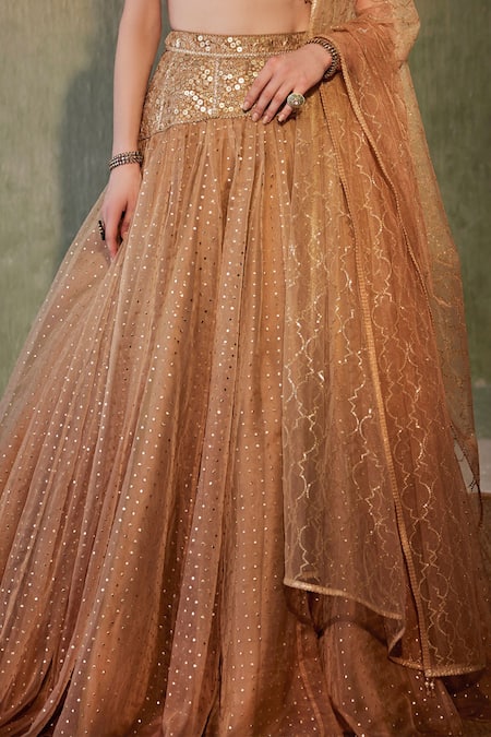 Cedar & Pine_Beige Organza, Tulle Sequins, Pearls Square And Embellished Bridal Lehenga Set _at_Aza_Fashions