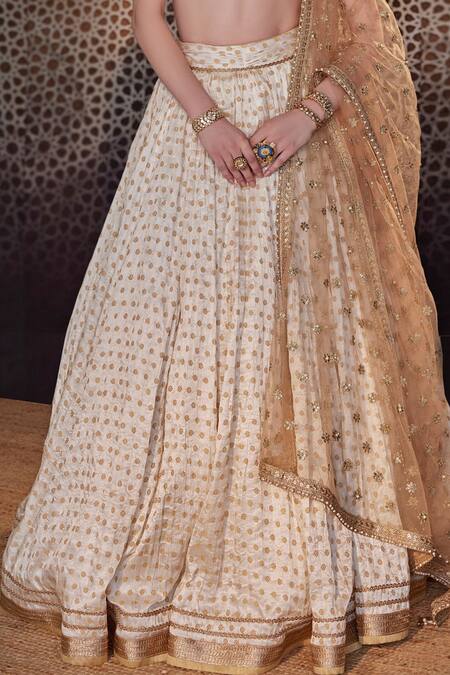 Cedar & Pine_Ivory Brocade, Tulle Embroidery, Sequins Sweetheart Crinkled Bridal Lehenga Set _at_Aza_Fashions
