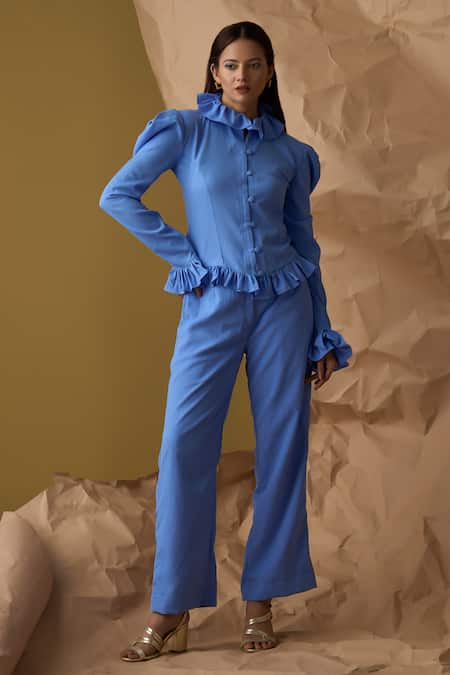 Enness Studio Blue Waffle Crepe Ruffle Top With Pant 