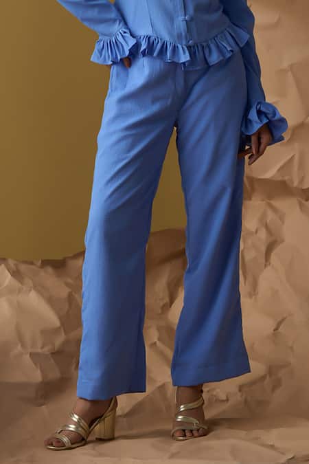 Enness Studio_Blue Wool, Crepe Textured Ruffle Top With Pant _Online_at_Aza_Fashions