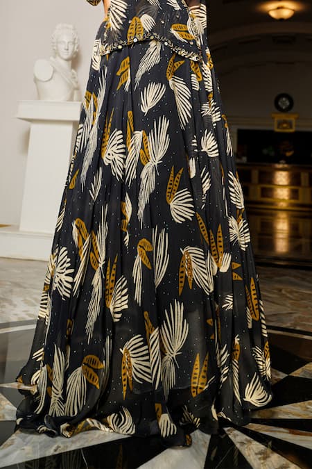 Shop Ahi Clothing Black Georgette, Hemp Embroidery, Cut Work, Abstract Printed Kurta Lehenga Set Shop_Ahi Clothing_Black Georgette, Hemp Embroidery, Cut Work, Abstract Printed Kurta Lehenga Set