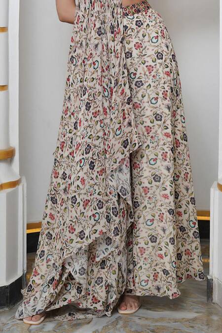 Buy_Ahi Clothing_Cream Georgette Embroidery V-neck Floral Print Bustier Palazzo Set 