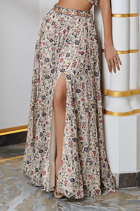 Buy_Ahi Clothing_Cream Georgette Embroidery, Mirrors One Floral Print Kalidaar Lehenga Set 