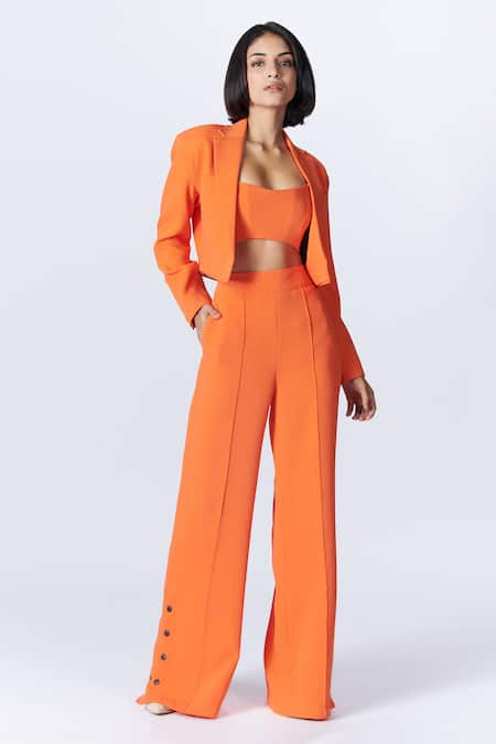 Shop S&N By Shantnu Nikhil Orange Crepe Collared Notched Lapel Crop Jacket at Aza Fashions Shop_S&N By Shantnu Nikhil_Orange Crepe Collared Notched Lapel Crop Jacket_at_Aza_Fashions