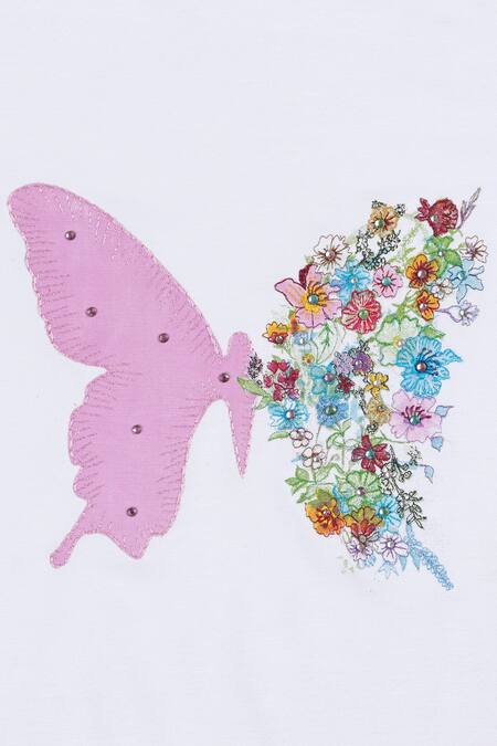 STELLA ROSSA BY LES PETITS_White Bamboo Embroidery Butterfly Floral T Shirt_Online_at_Aza_Fashions