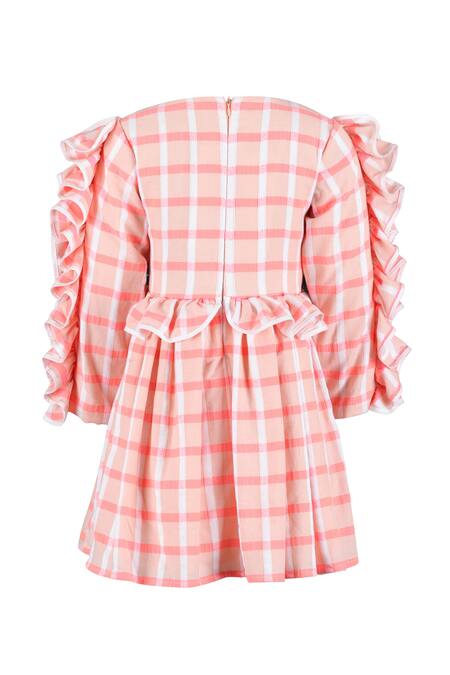 Shop STELLA ROSSA BY LES PETITS Pink Cotton Ruffles Checkered Dress at Aza Fashions Shop_STELLA ROSSA BY LES PETITS_Pink Cotton Ruffles Checkered Dress_at_Aza_Fashions