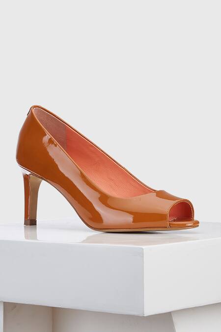 Buy_Oroh_Brown Embroidery Cartagena Leather Peep Toe Heels_Online_at_Aza_Fashions