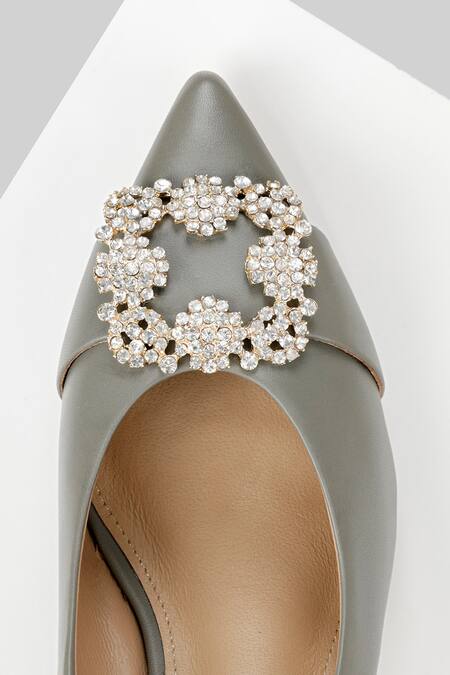 Oroh_Grey Crystals, Rhinestones Marbella Leather Stone Embellished Pumps _at_Aza_Fashions