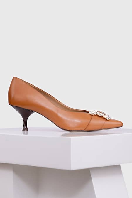 Oroh_Brown Stones Embellished Leather Pumps _Online_at_Aza_Fashions