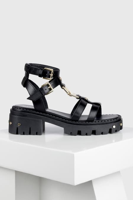 Oroh_Black Studs, Buckles Manacor Leather Chunky Sandals_Online_at_Aza_Fashions