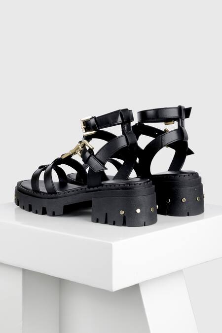 Buy_Oroh_Black Studs, Buckles Manacor Leather Chunky Sandals_Online_at_Aza_Fashions