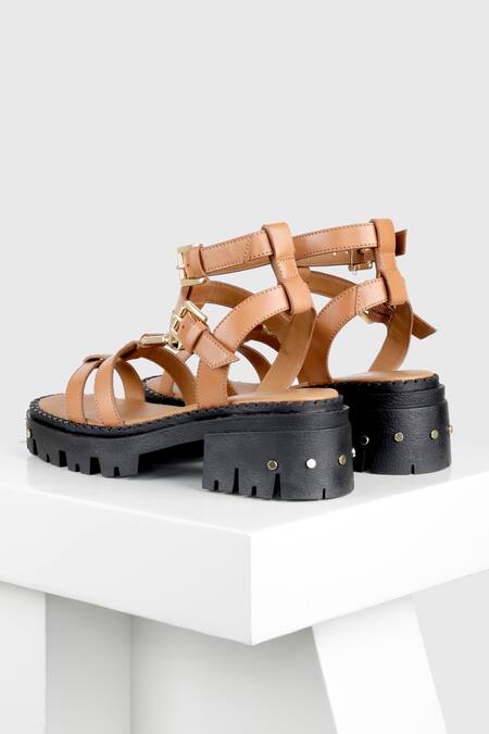 Buy Oroh Brown Studs, Buckles Manacor Chunky Leather Sandals Online at Aza Fashions Buy_Oroh_Brown Studs, Buckles Manacor Chunky Leather Sandals_Online_at_Aza_Fashions