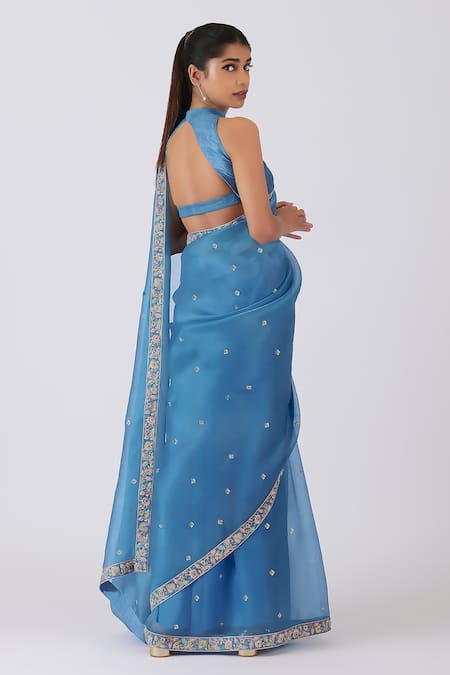 Shop_Shimai Jayachandra_Blue Silk Butterflies Floral Embroidered Saree With Unstitched Blouse Fabric _at_Aza_Fashions