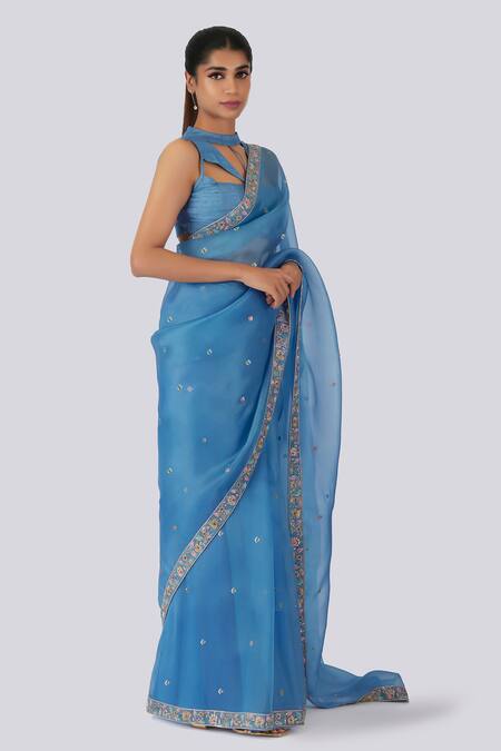 Shimai Jayachandra_Blue Silk Butterflies Floral Embroidered Saree With Unstitched Blouse Fabric _Online_at_Aza_Fashions