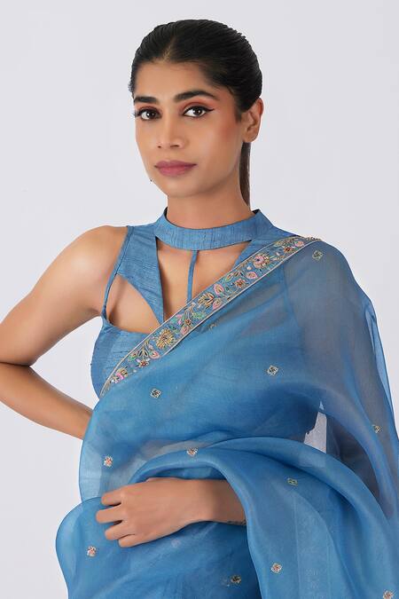 Buy_Shimai Jayachandra_Blue Silk Butterflies Floral Embroidered Saree With Unstitched Blouse Fabric _Online_at_Aza_Fashions