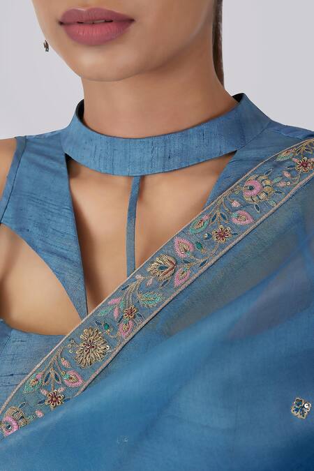 Shop_Shimai Jayachandra_Blue Silk Butterflies Floral Embroidered Saree With Unstitched Blouse Fabric _Online_at_Aza_Fashions