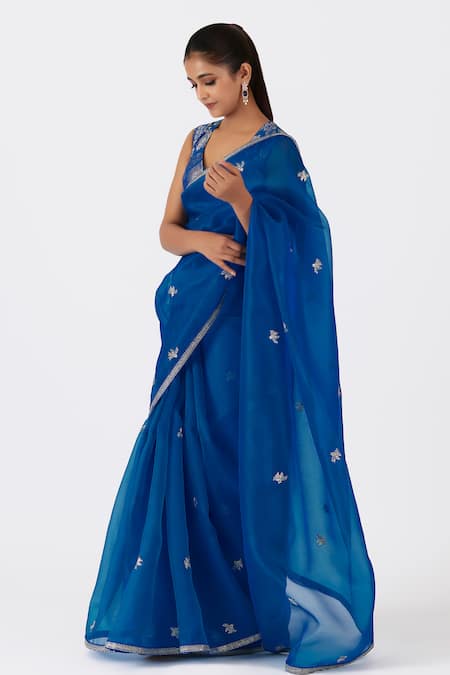 Shimai Jayachandra Blue Silk Organza Song Of The Eastern Bird Saree With Unstitched Blouse Fabric Online at Aza Fashions Shimai Jayachandra_Blue Silk Organza Song Of The Eastern Bird Saree With Unstitched Blouse Fabric _Online_at_Aza_Fashions
