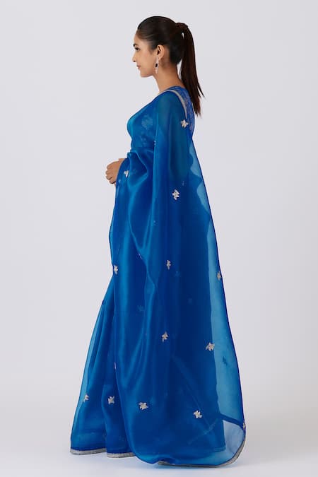 Buy Shimai Jayachandra Blue Silk Organza Song Of The Eastern Bird Saree With Unstitched Blouse Fabric Online at Aza Fashions Buy_Shimai Jayachandra_Blue Silk Organza Song Of The Eastern Bird Saree With Unstitched Blouse Fabric _Online_at_Aza_Fashions
