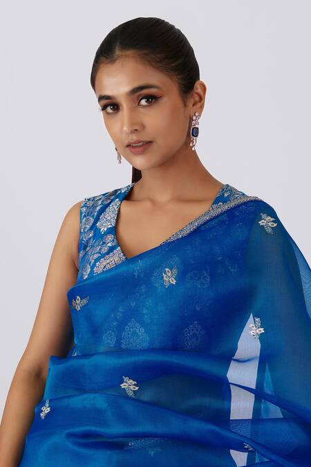 Shop Shimai Jayachandra Blue Silk Organza Song Of The Eastern Bird Saree With Unstitched Blouse Fabric Online at Aza Fashions Shop_Shimai Jayachandra_Blue Silk Organza Song Of The Eastern Bird Saree With Unstitched Blouse Fabric _Online_at_Aza_Fashions